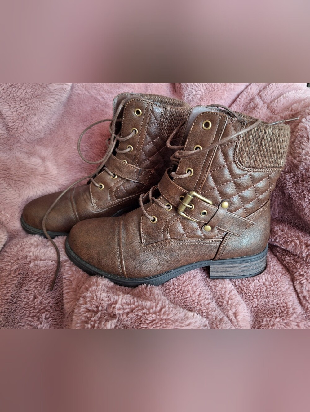 Women’s Brown Quilted Lace-Up Ankle Boots with Buckle